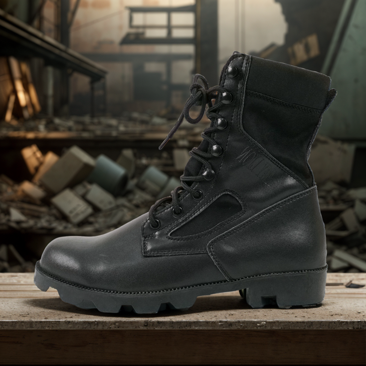 feature of men's dark combat boots