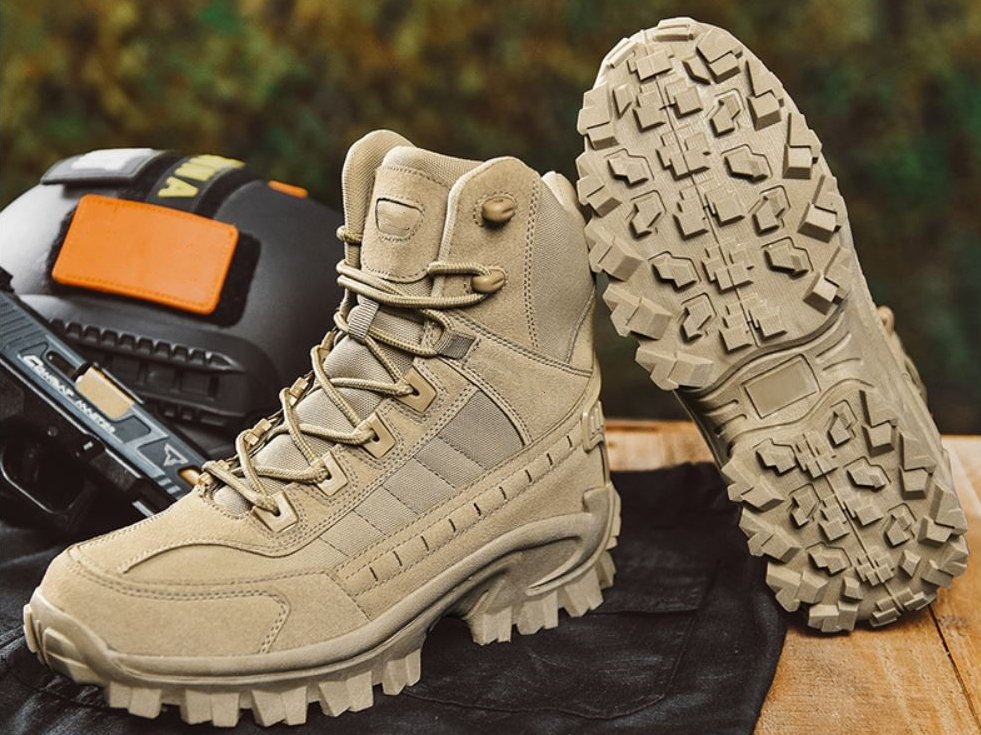 detials of brown tactical boots desert